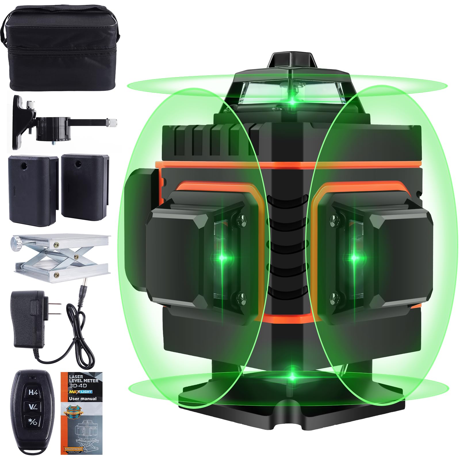 16 Lines Laser Level 360 Self Leveling, 4x360° Professional Green Cross Line Leveler Tool for Construction and Picture Hanging, with Cloth bag and 2 Battery Lightweight & Dependable