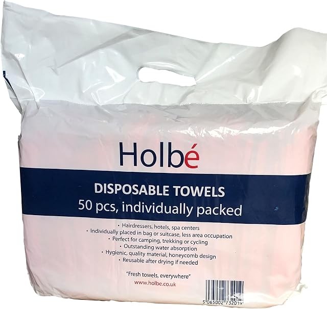 Holbé 50 pcs 80x40 cm Individually Packed Disposable Towels for hairdressers, barbers, hotels, spa centers, gym. Material with health certification, 55gsm