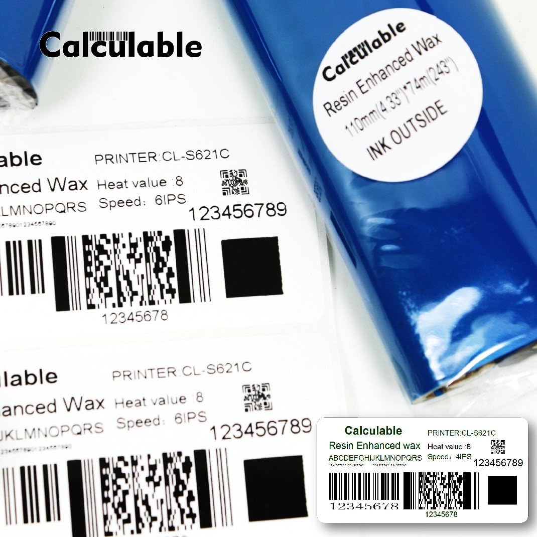 4 Rolls 4.33" x243' (110mm X 74m) Resin Enhanced Wax Thermal Transfer Ribbon 1/2 Inch Core Ink Outside Barcode Ribbons for Zebra Eltron Datamax Zebra GC420t GK420t GX420t TLP2442 TLP2844