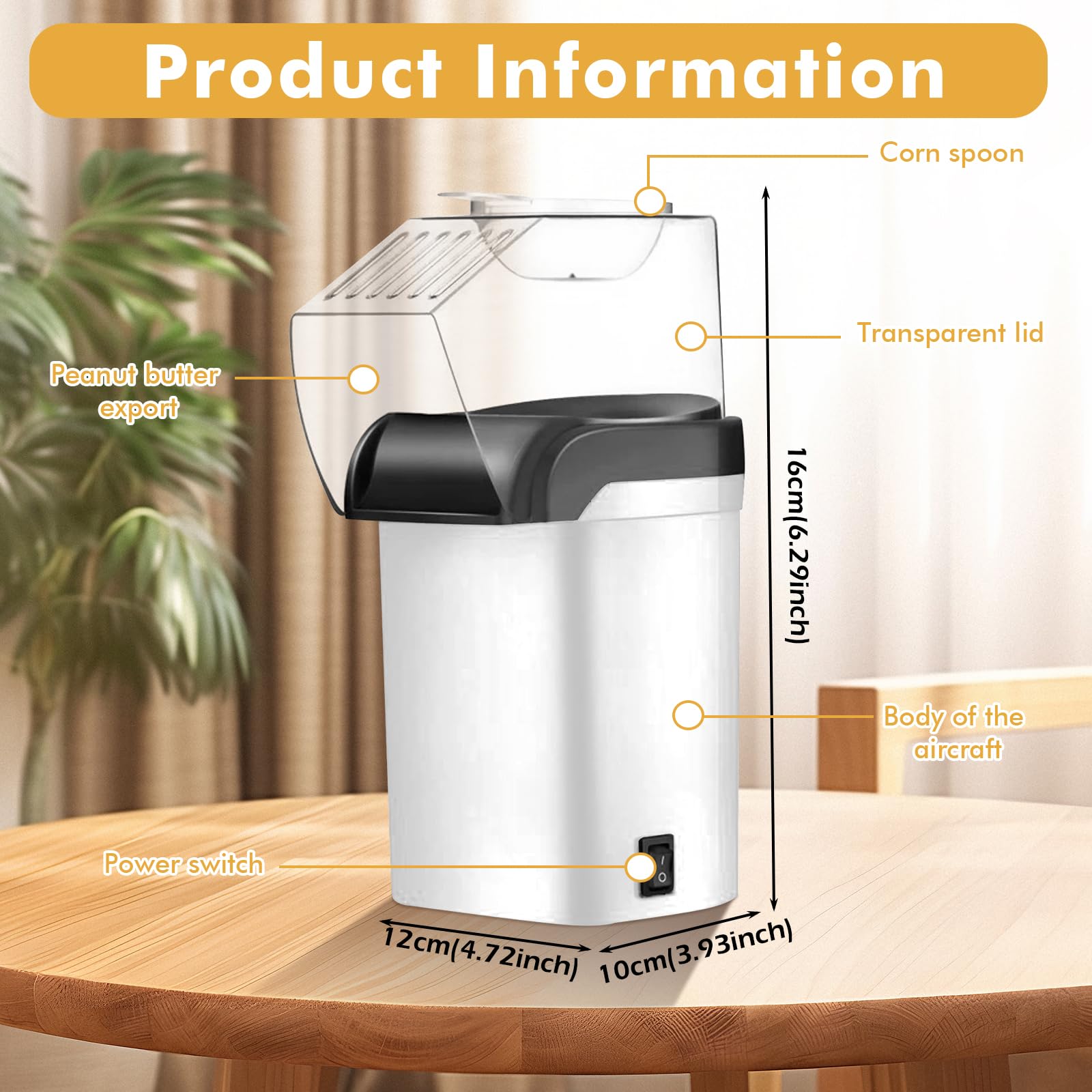BAIFULAI Macchina per popcorn da 1200 W, mini macchina per popcorn ad aria calda, sana, senza olio, grasso, 2 minuti, funzionamento one-touch, per casa, film, Natale, feste, serata di calcio