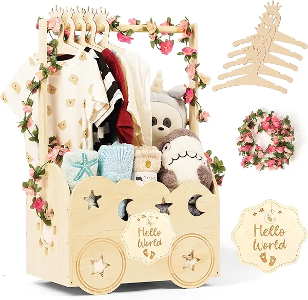 TDHZXEM Wooden Baby Shower Basket with Hanger Rack - Personalized Baby Gift, Newborn Essentials Organizer for Nursery, Welcome Gift Basket for Newborn, Pregnancy Gifts for New Parents.