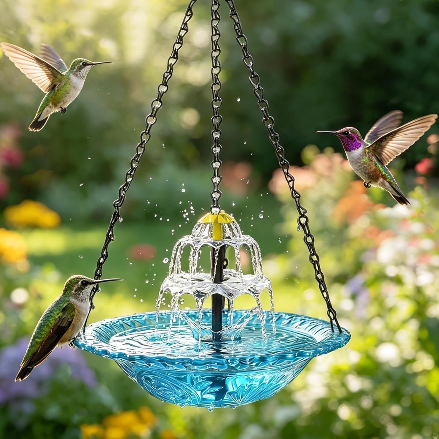 Pipihome Vogeltränke Hängend, Vogeltränke mit Solar Springbrunnen, 3 Stufig Solarbetriebenes Vogelbad mit Metallketten zum Aufhängen für Garten Hof Terrasse Lockt Vögel