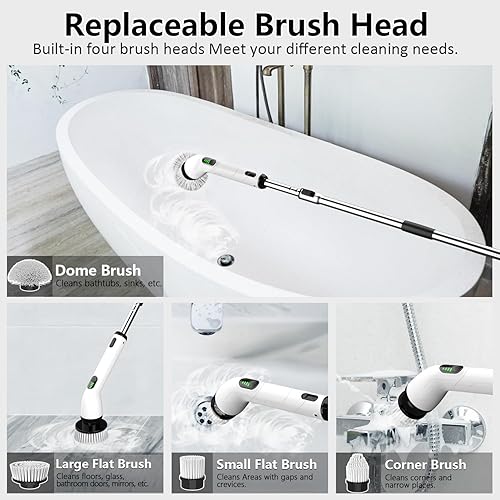 Miniatura 5 de TUYU Limpiador eléctrico giratorio, limpiador de baño impermeable IPX7 de cuerpo completo, 4 cabezales de repuesto para mango de extensión