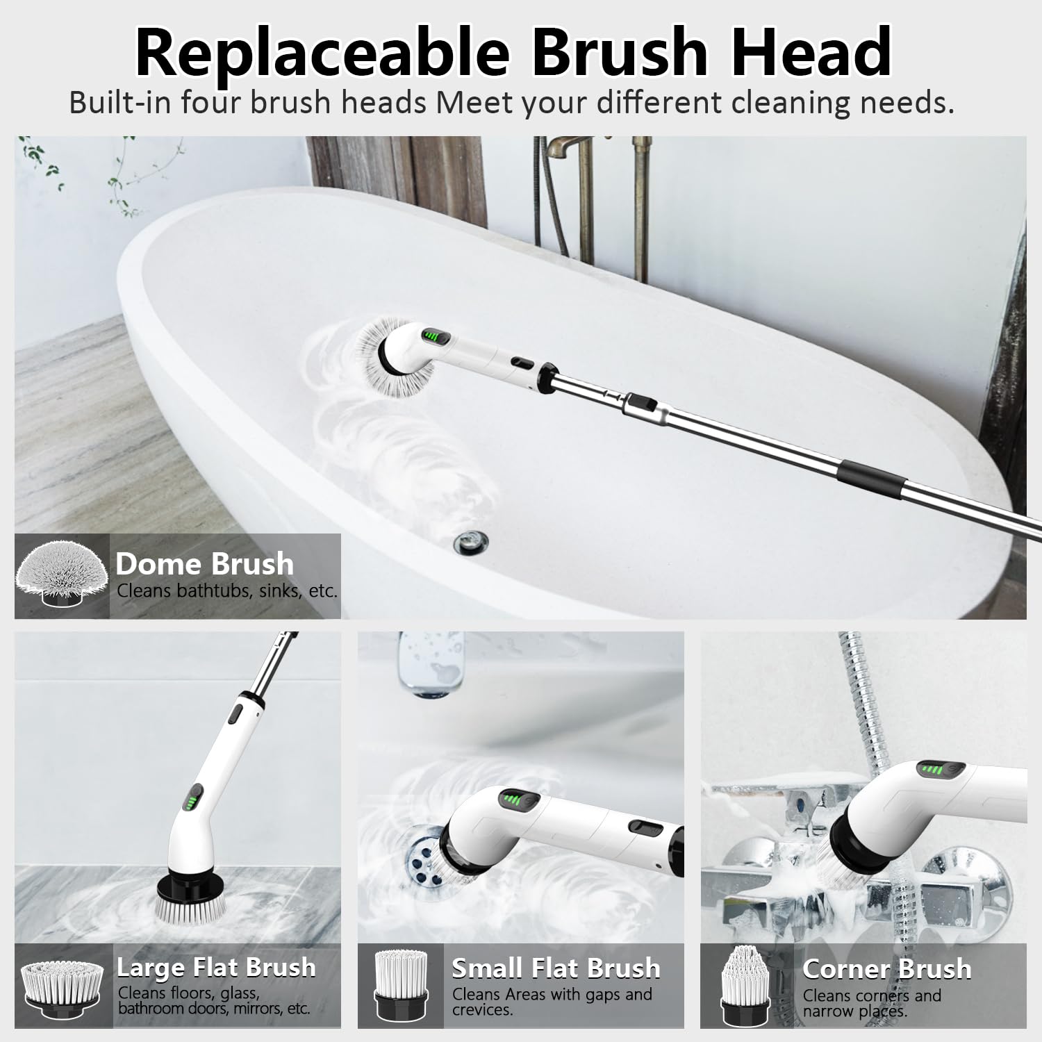 TUYU Limpiador giratorio eléctrico, cuerpo completo IPX7, impermeable, 4 cabezales de repuesto para mango de extensión ajustable, cepillo de limpieza eléctrico para baño, bañera, azulejos
