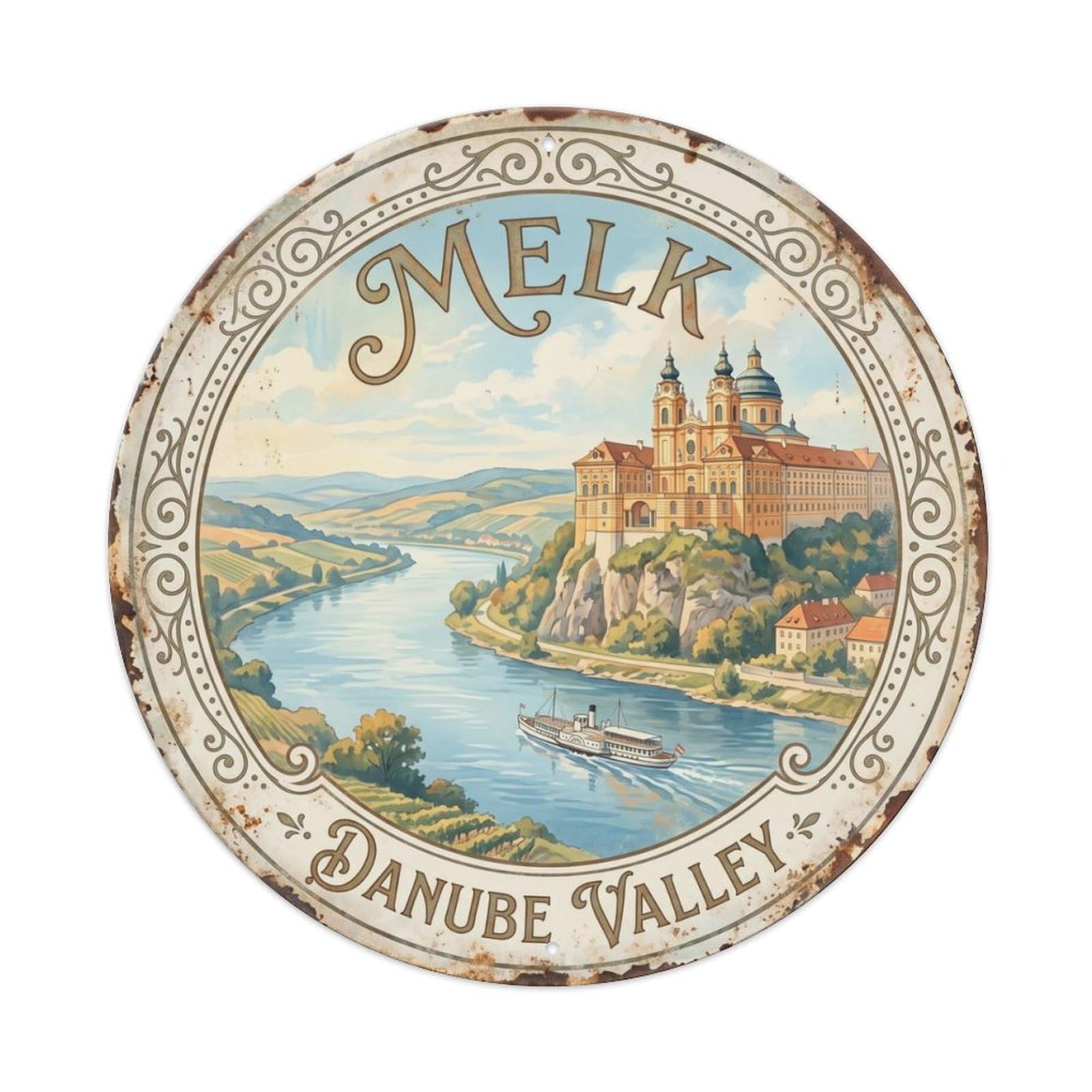 Vintage Travel Melk Austria Danube Metal Tin Sign Plaque Wall Decor for Cafe, Club Bar, Office, Home Garden Round Metal Poster 8x8Inch