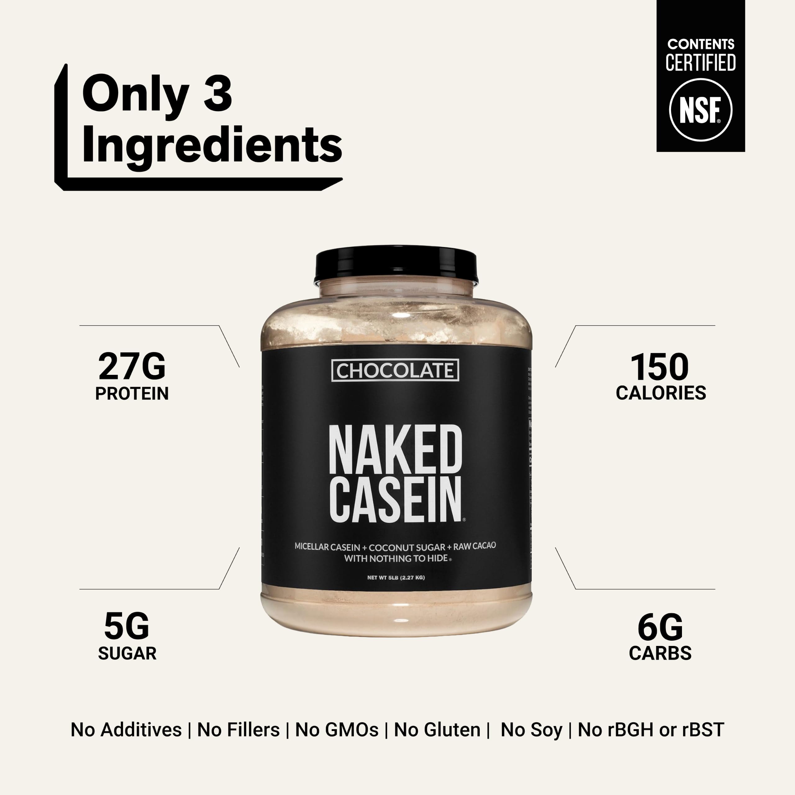NAKED Chocolate Casein - Chocolate Micellar Casein Protein - 5 Pound Bulk, NSF Certified, GMO-Free, Gluten-Free, Soy-Free, Preservative-Free - Stimulate Muscle Growth - Enhance Recovery - 60 Servings — Amazon image 3
