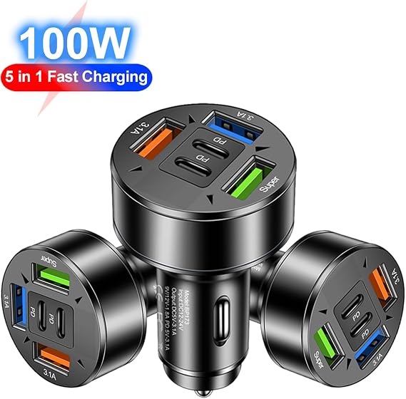 Usbカーチャージャー - マルチポート3usb+2pdカーチャージャー - 100w 5ポート超高速充電 複数のデバイス用