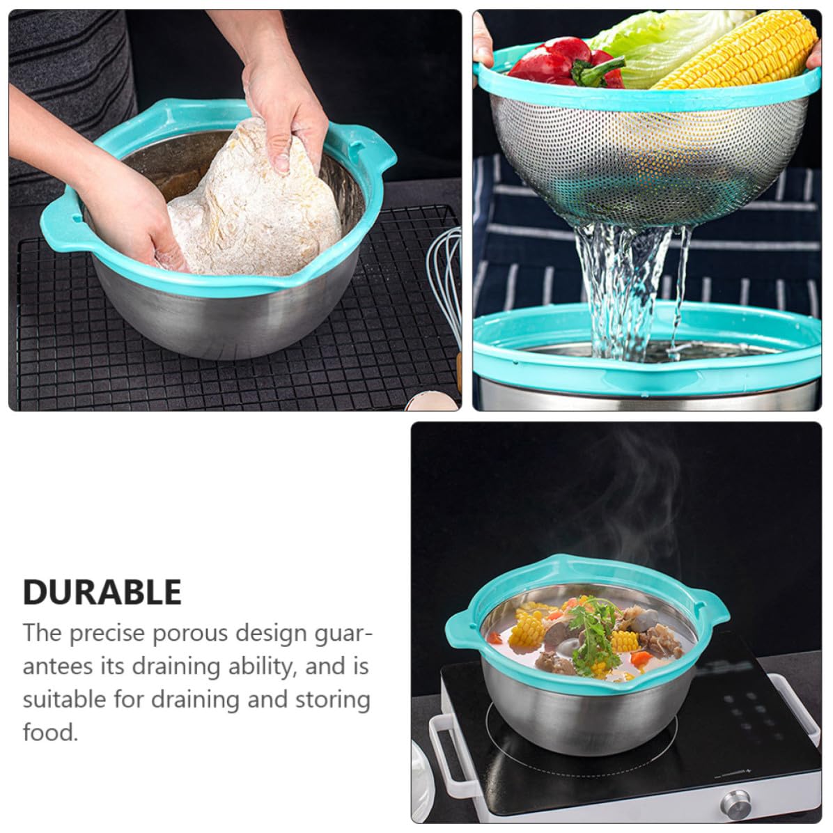 GALPADA Juego de Cesta Coladora de Cocina de Acero Inoxidable y Pp, Drenaje y Almacenamiento Multifuncional para Lavar Arroz y Frutas