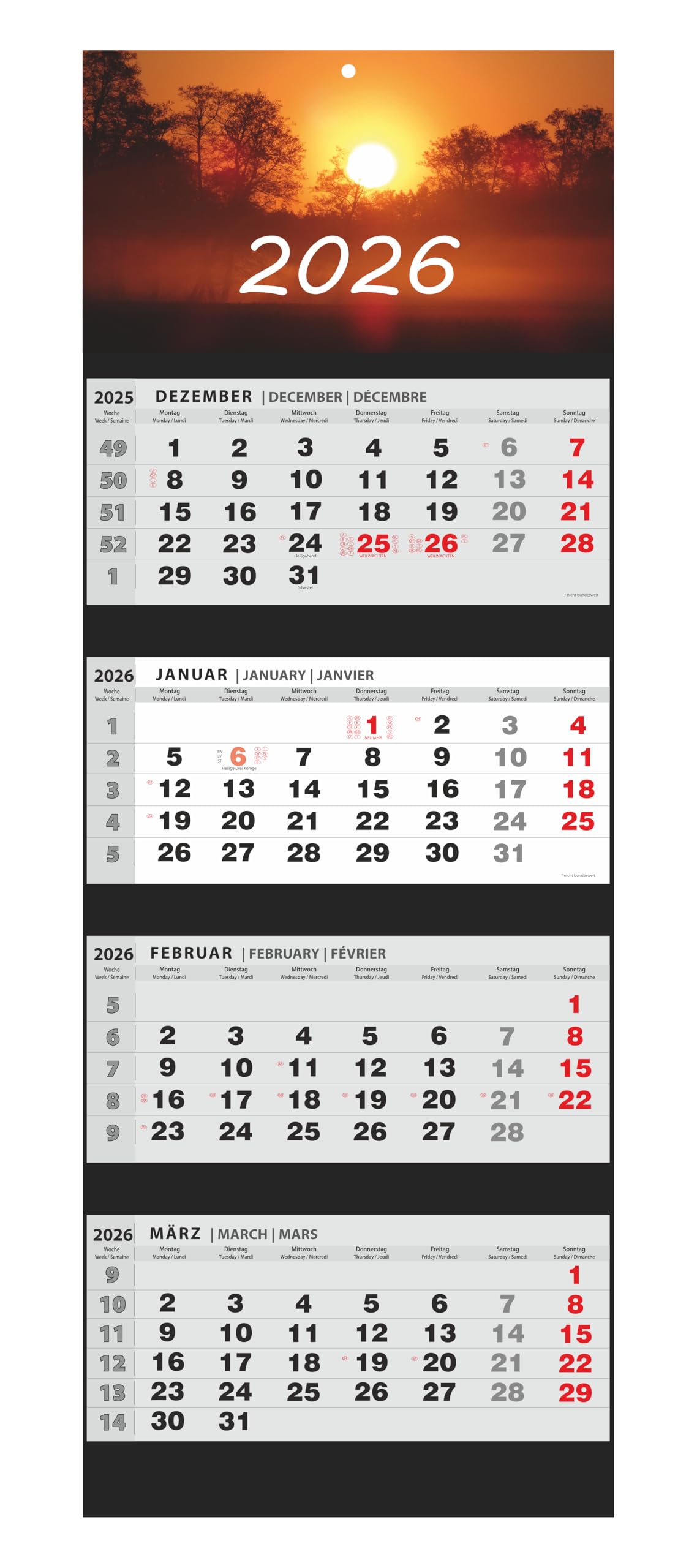 JAROGRAF Combi 4-Month Calendar 2026 Office Calendar Large Wall Calendar (East)