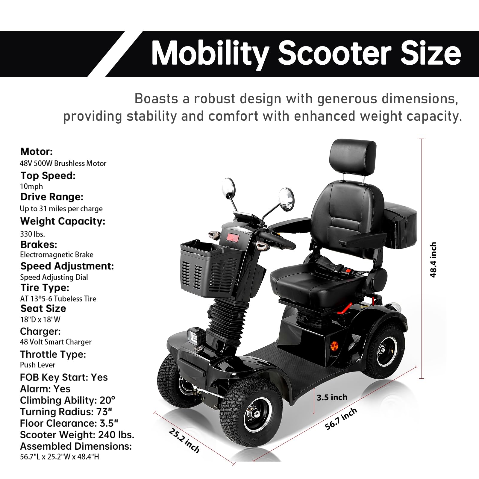 Mobility Scooters for Seniors and Adults, All-Terrain Mobility Scooter with Waterproof Cover, Heavy Duty 4-Wheel Electric Powered Mobility Cart Handicap Scooters, 500W Motor, 330lbs Capacity (Black)