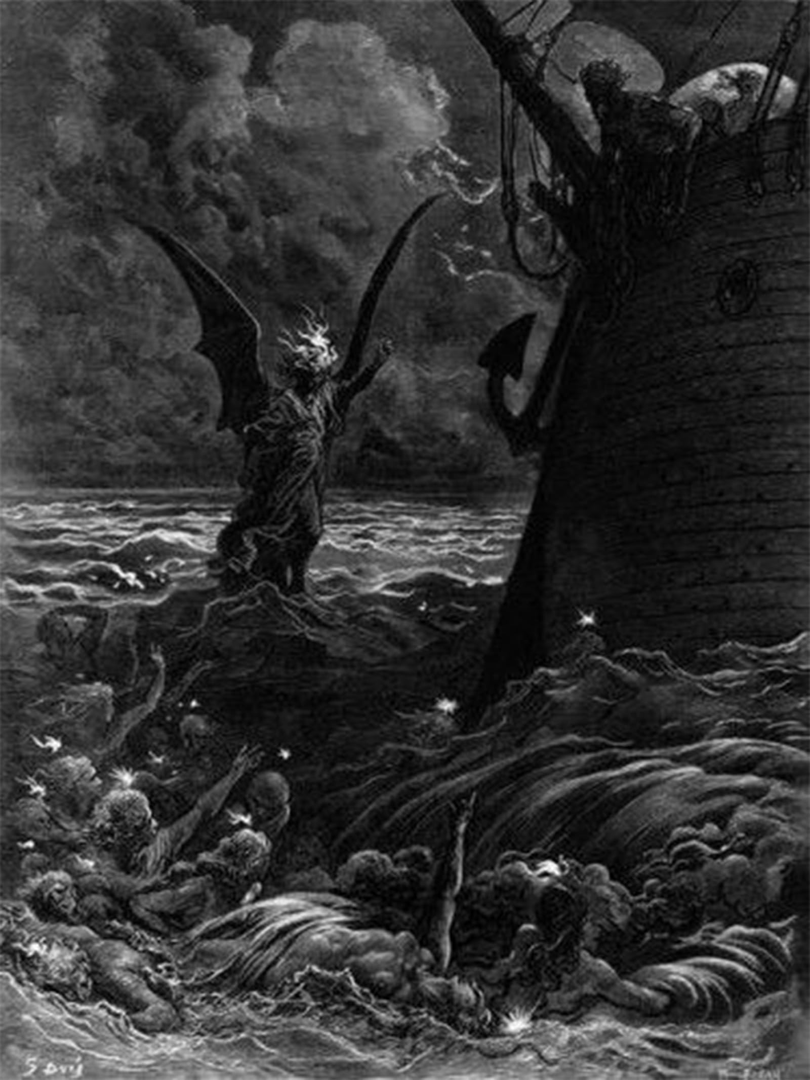 SERENDIPITP Vintage Picture Print on Canvas Wall Art Poster Death Fires Dancing Around the Becalmed Ship Scene by Gustave Dore Artwork Print Poster for Wall Decor 60x90cm