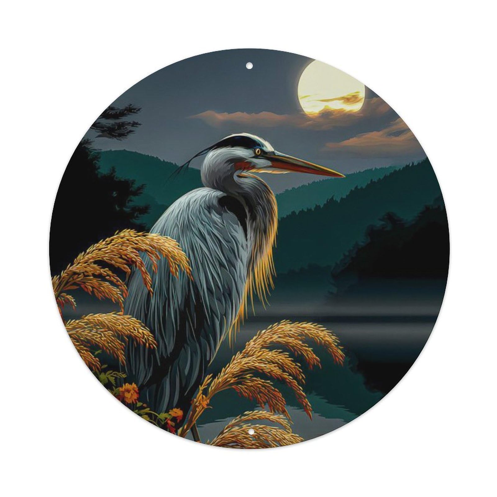 Animal Great Blue Heron Full Moon Night Lake Landscape Nature Vintage Metal Tin Sign Plaque Wall Decor for Cafe, Club Bar, Office, Garden Metal Poster 8x8Inch