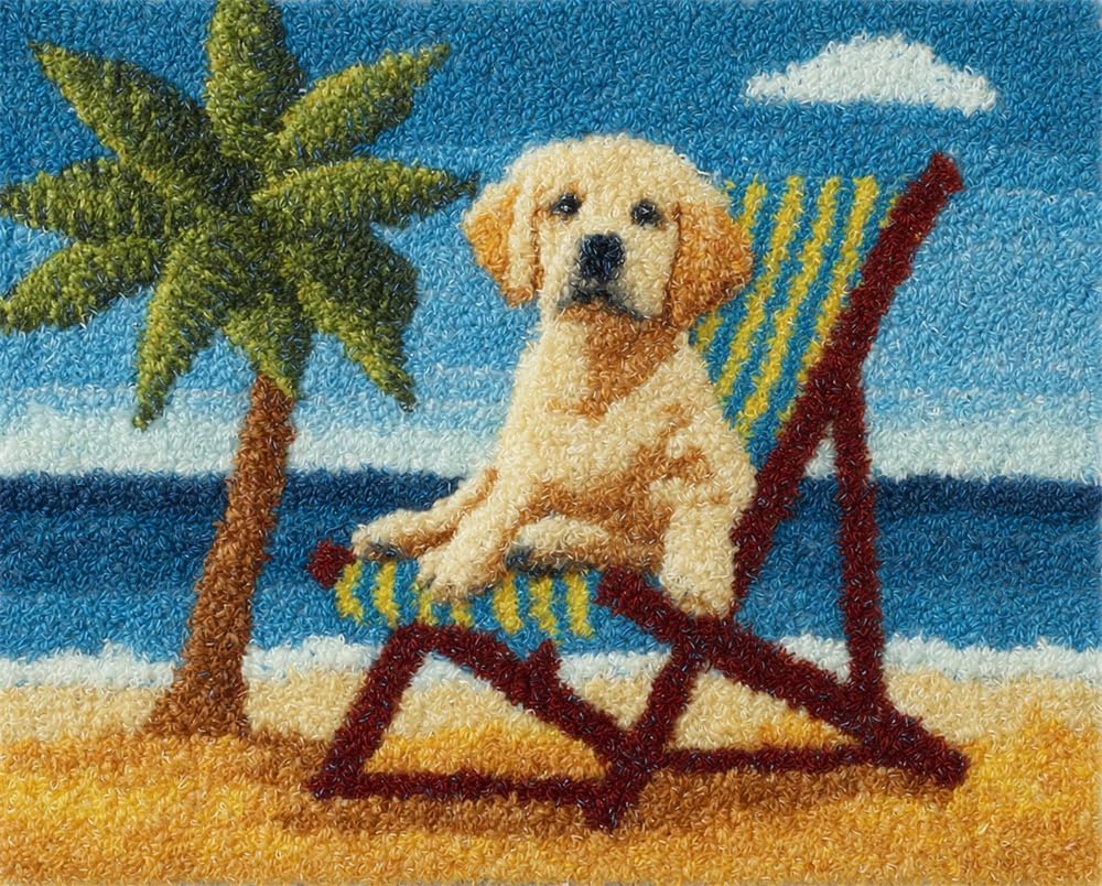 Kitquiver DIY Latch Hook Rug,Labrador Sitting On A Beach Chair,Crochet Kits Embroidery Kits Home Carpet Rug Making Canvas,Needlework Crafts for Home Decor 23X35In