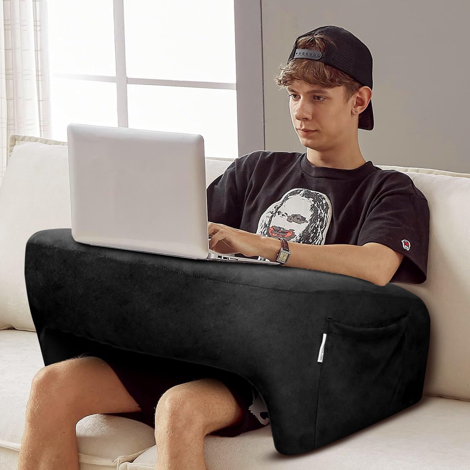 Relaxmour Lap Desk and Arm Rest Pillow with Memory Form and Utility Side Pocket Perfect for Bed, Floor & Sofa, Multi-Functional Bed Table for Reading, Laptop, Gaming, or Simply Relaxing (Velvet Black)
