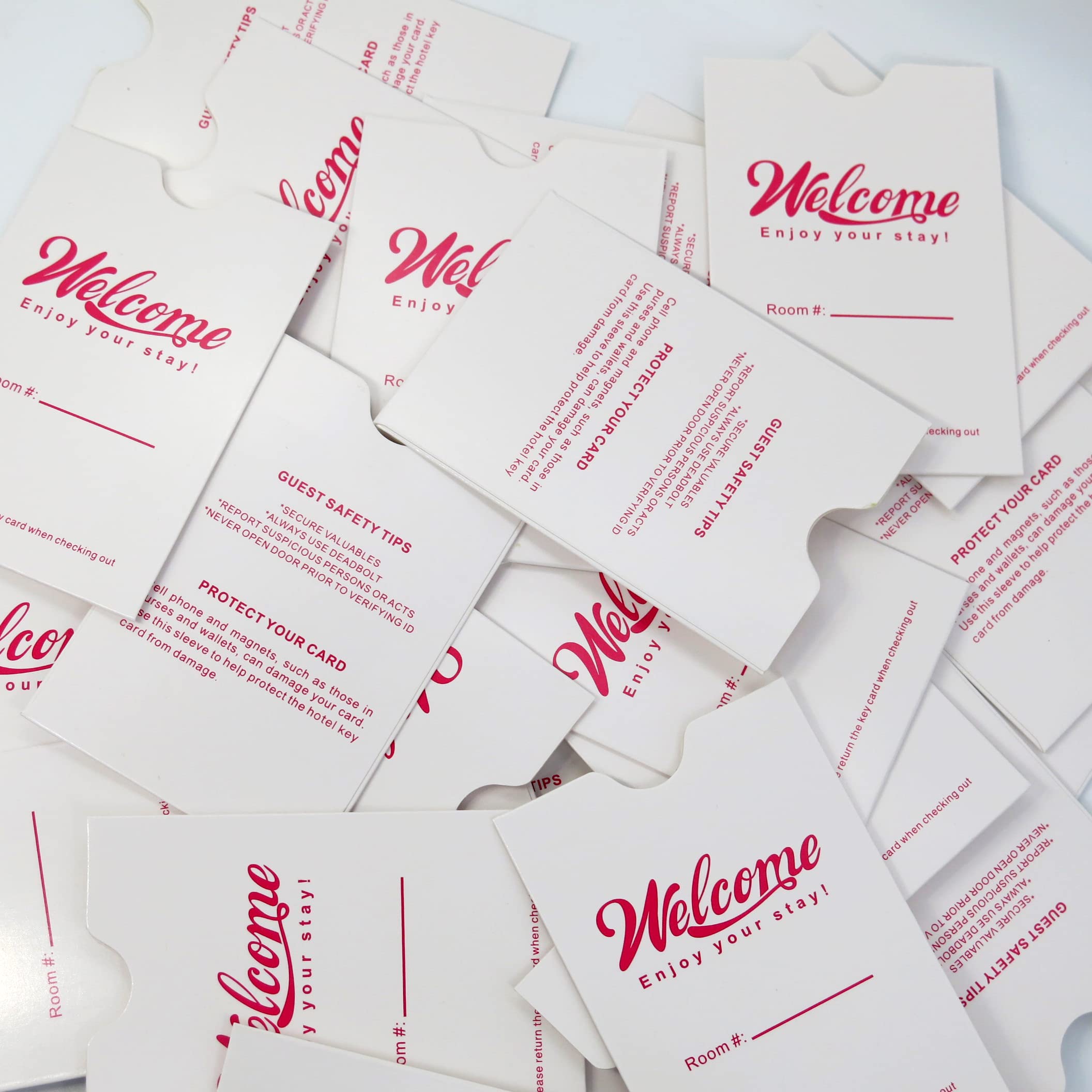 Hotel & Motel Tarjeta RFID para llave de motel sin contacto con funda de sobres, bienvenida, disfruta de tu estancia (paquete de 200 tarjetas, 50 fundas para regalo), color rosa