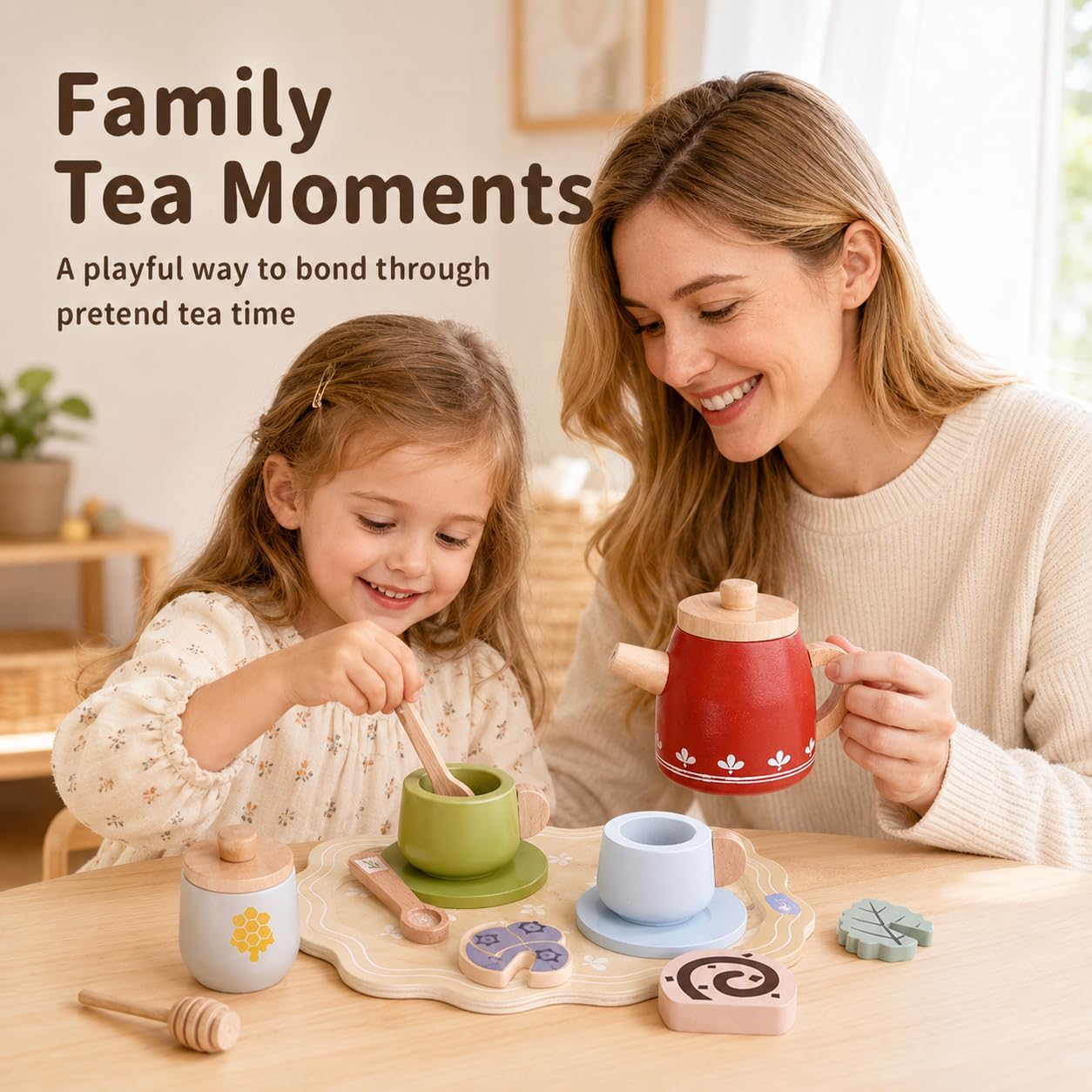 Wooden Red Tea Set Toys - Kids Pretend Play - Tea Party Set with Tea Cup Set and Play Kitchen Accessories - Montessori Toys - Cooking Set - Gift Set for Girls Boys