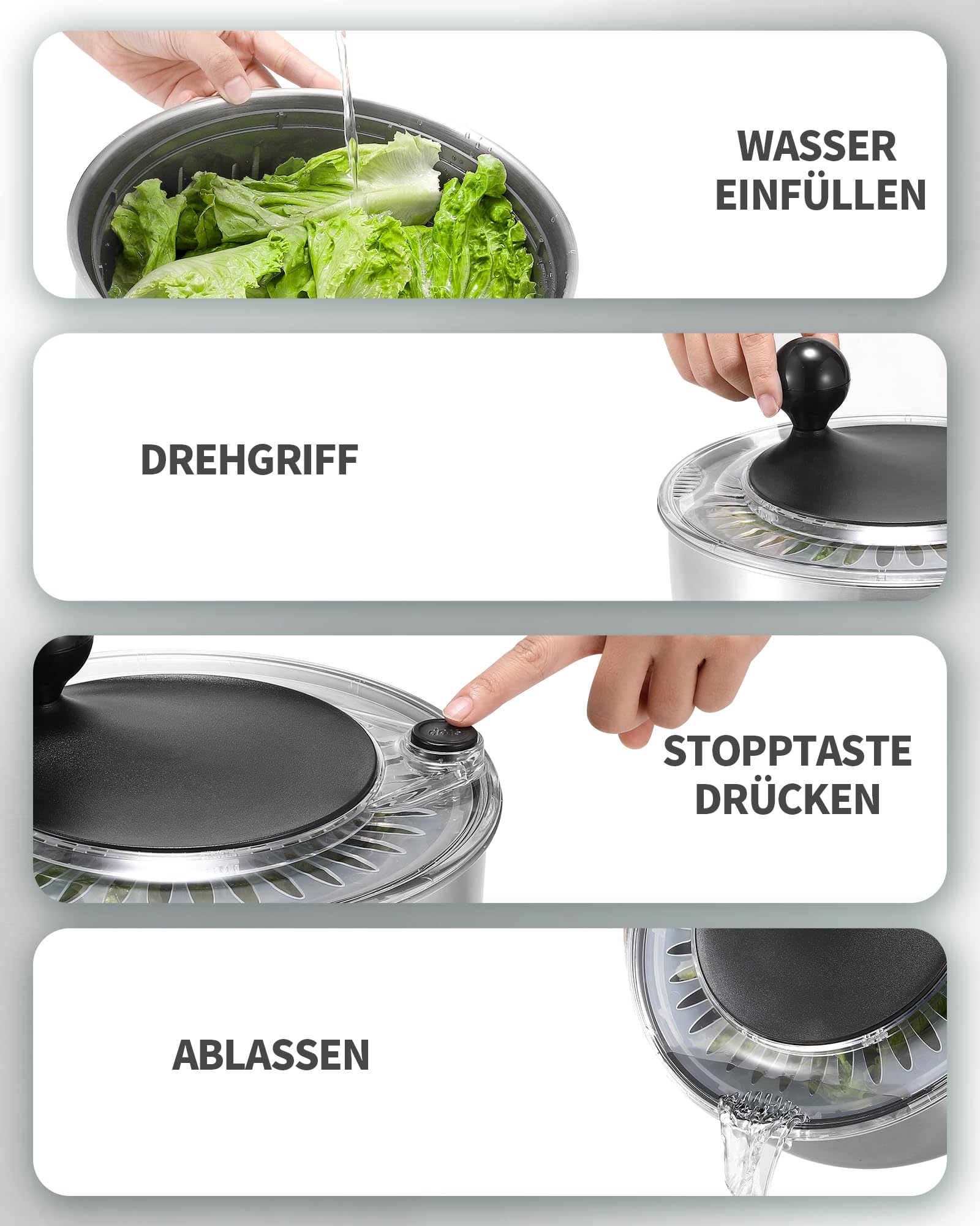 SveBake 5L Salatschleuder Edelstahl mit Stopptaste, BPA-Freie Gemüse Salatschleudern, Transparenter Deckel und Abflussloch, rutschfeste Unterseite, Spülmaschinenfeste Salad Spinner