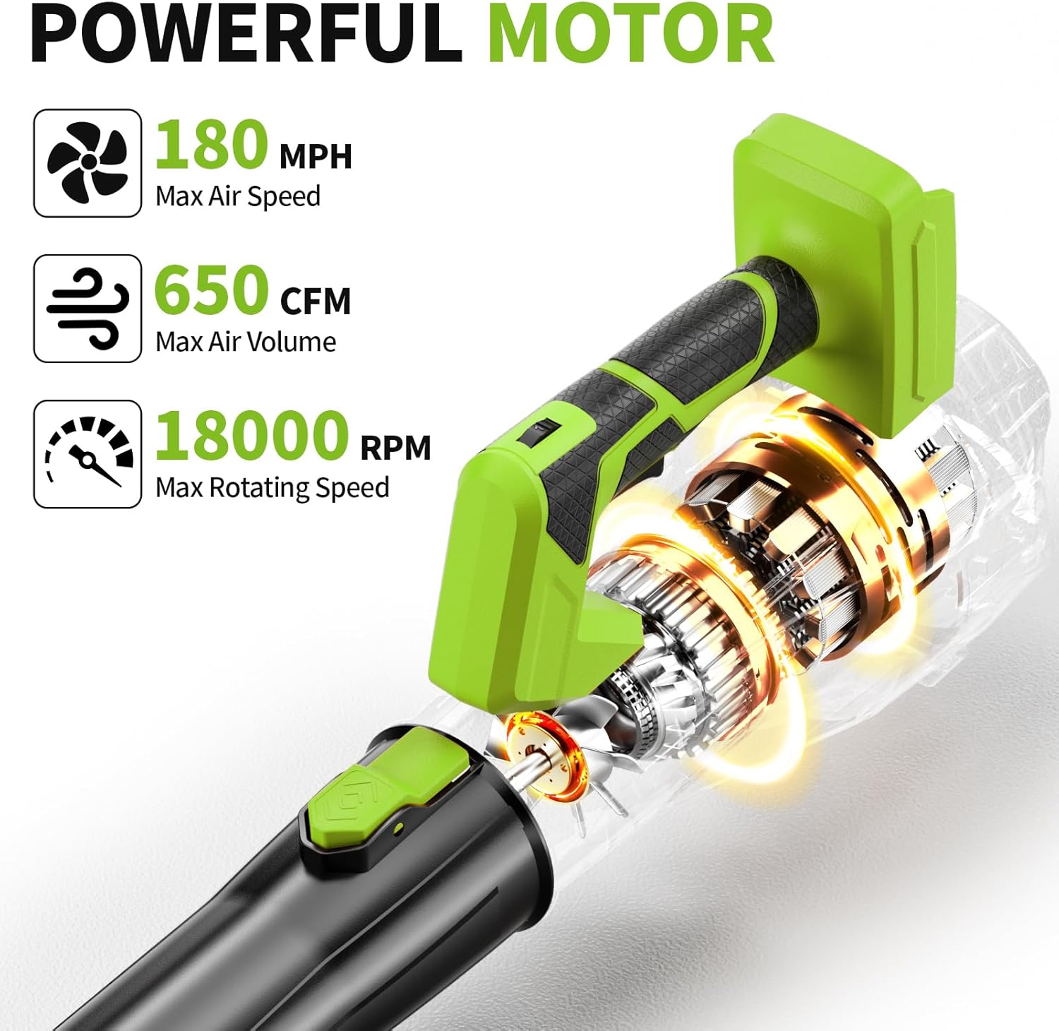 Cordless Leaf Blower 650CFM/180MPH, 21V Electric Leaf Blower with 3 Tubes & 2 x 4.0Ah Batteries, 6 Speed Modes, Battery Powered Leaf Blowers for Cleaning Patio, Yard, Garage, Lawn (Green) - Image 4