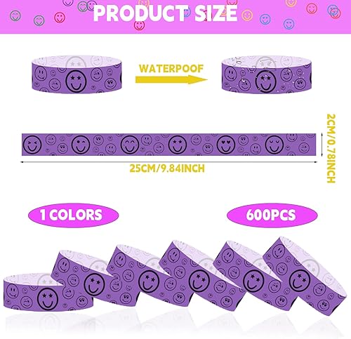 Miniatura 2 de 600 pulseras de cara sonriente para eventos, pulseras de papel de entrada impermeables en 6 colores para conciertos de música