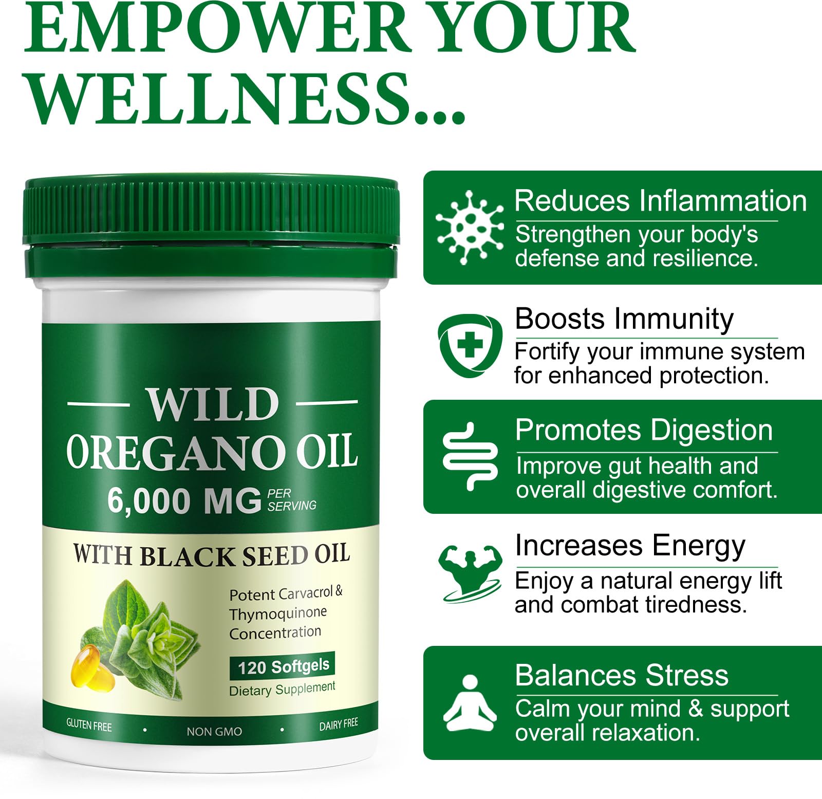 Olio di Origano Capsule, Olio di origano con olio di semi neri 120 capsule, Supporto del sistema immunitario