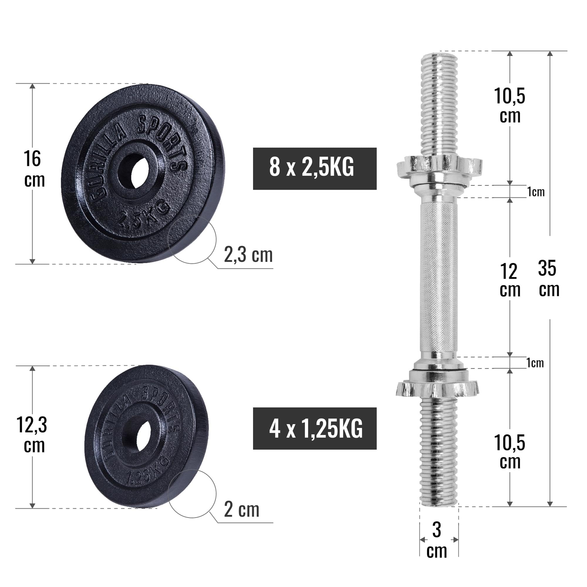GORILLA SPORTS® Kurzhantelset 30 kg, 2er Set, 12 Hantelscheiben, Gusseisen | Mit 2 Kurzhantelstangen, 4 Sternverschlüssen und 30 mm Lochdurchmesser; rutschfest, gerändelt, Kurzhanteln, Kurzhantel Set
