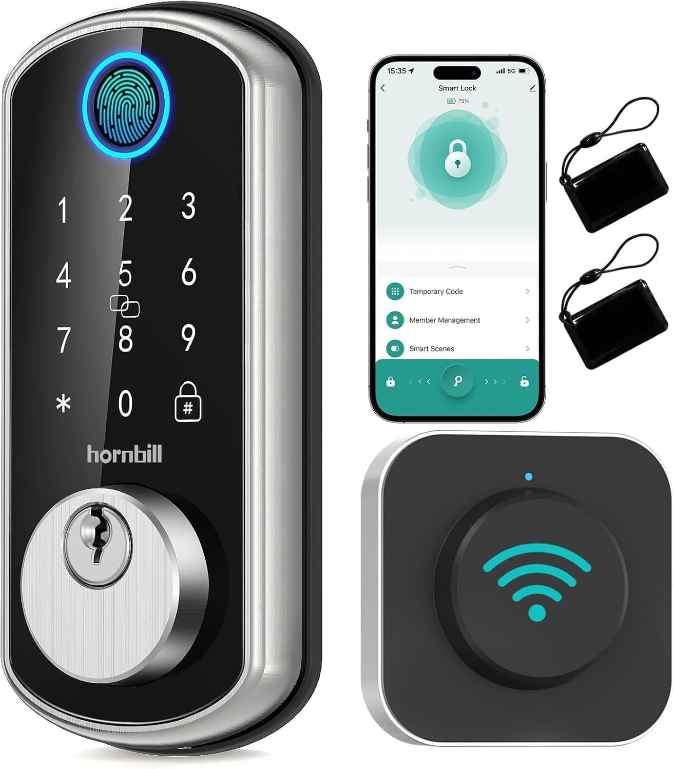 Hornbill Smart WiFi Front Door Lock: Keyless Entry Fingerprint Deadbolt - Alexa Bluetooth Electronic Keypad Door Locks for House Apartment Auto Lock Smart Life APP Remote Control, Silver