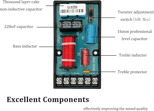 Miniatura 5 de HiQltyla Altavoz cruzado de 2 vías para audio de automóvil, WEAH 2002, 220 vatios 246 ohmios crossover pasivo para tweeter de audio de automóvil,