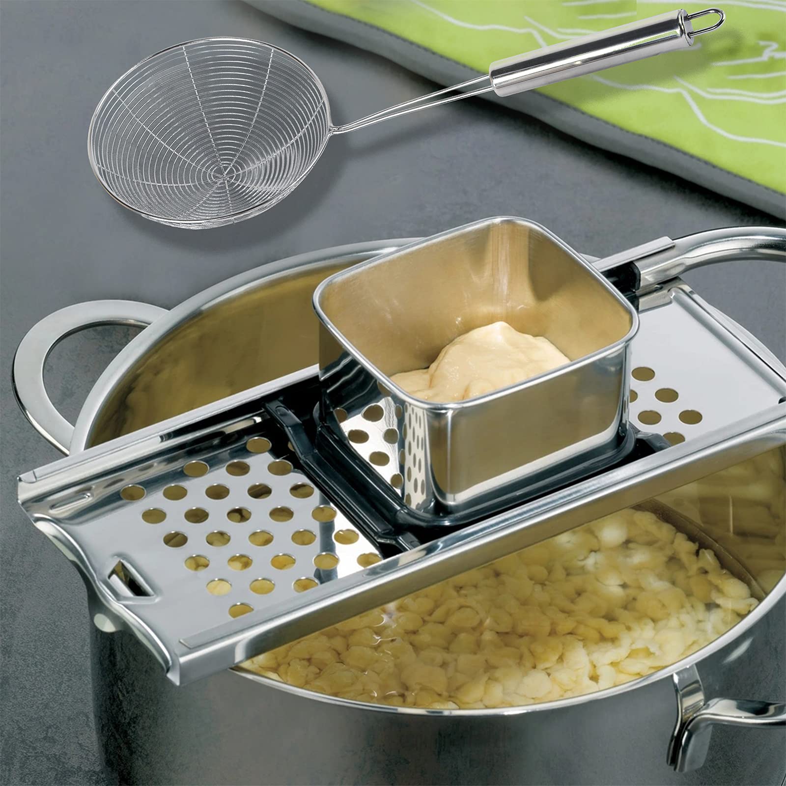 Spatzle, Spätzle Maker con Colino, Acciaio Inox, per Pentole con Diametro Fino a 30 cm)