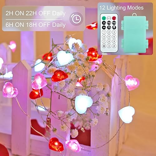 Miniatura 5 de Decoración del día de San Valentín, 10 pies, 40 luces LED, rojo, blanco, rosa, corazón, guirnalda de luces para el día de San Valentín con
