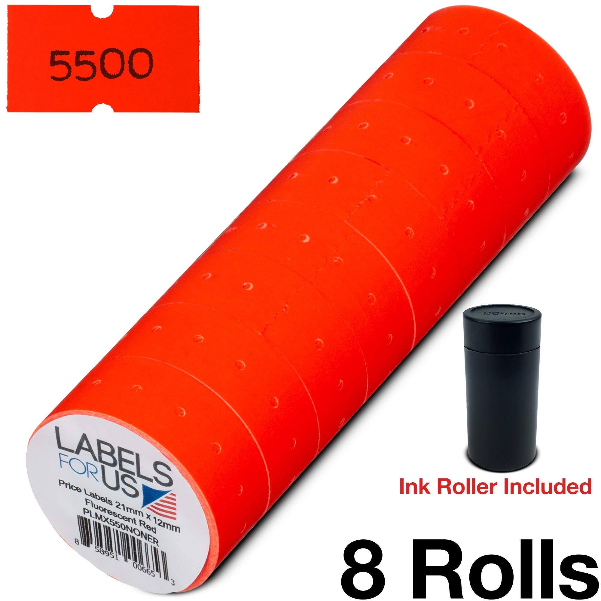 Labels for UsMX 5500 Labels - 8,000 Red Price Labels - 8 Rolls - Ink Roller Included