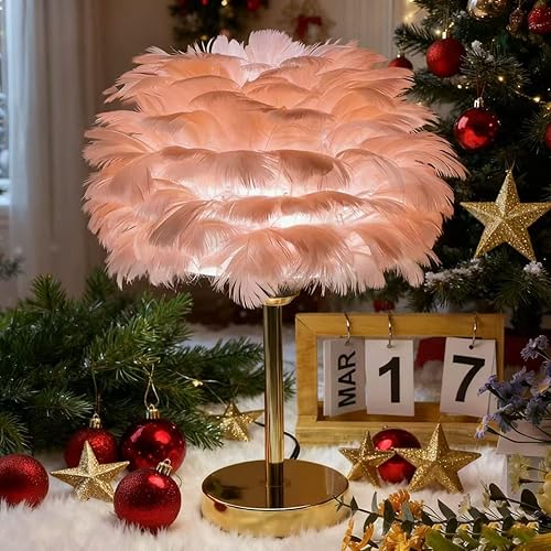Lámpara de mesa de plumas rosadas, lámparas de mesita de noche, luz nocturna LED moderna con acabado dorado para decoración de hotel, boda, regalos