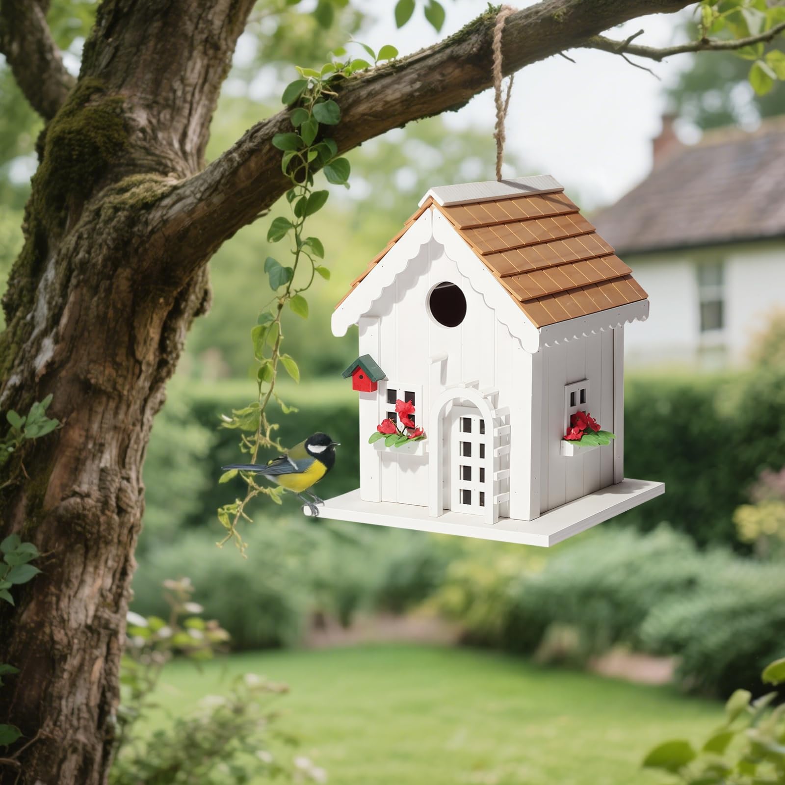 Vogelhaus für den Außenbereich, Gartendekoration, Vogelhaus mit Blumendesign, vielseitig oder eigenständig, zum Aufhängen, für Gastfamilien, Innenhöfe und Terrassen