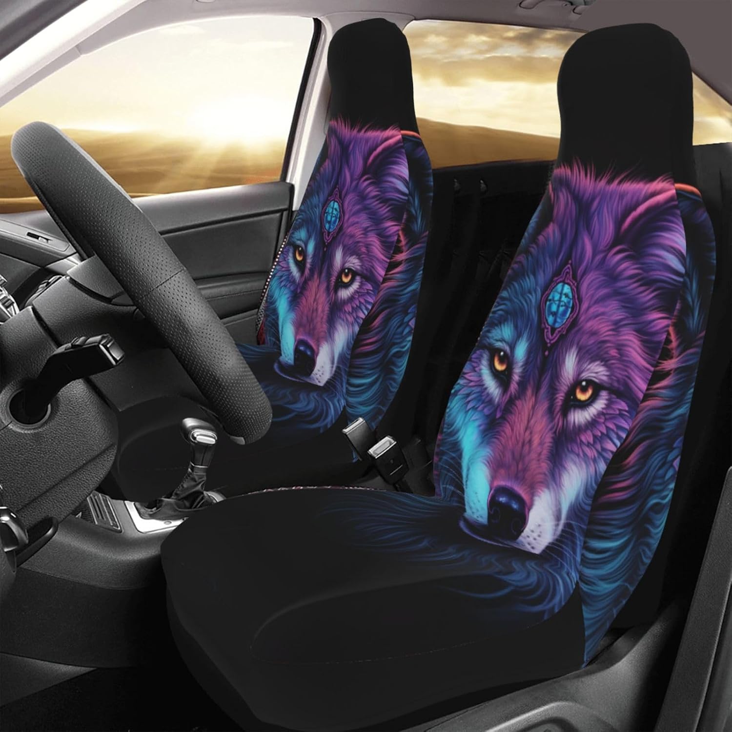 Universal Neon Wolf with Purple Head Printed car seat Covers are Suitable for Most Seats in Trucks, Vans, and Other Similar Vehicles.