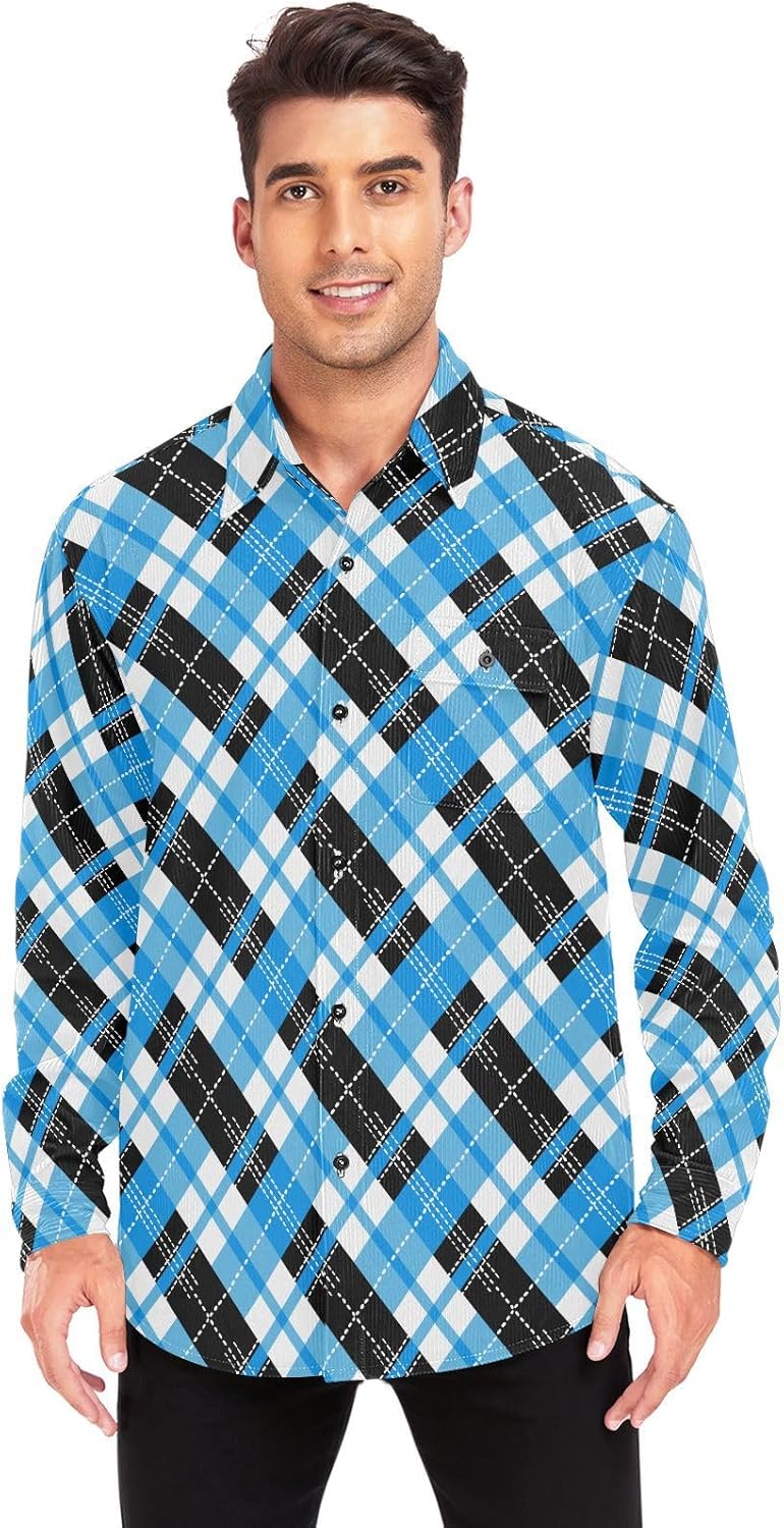 KLL Buffalo Plaid Blue Black Unisex Adults Regular-Fit Rugby Shirts Party Long Sleeve Blouse