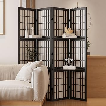 Room Divider with Shelves, 66.9-Inch Tall Japanese Shoji Style Wood Screen with Double Hinges for Home Office Bedroom Hotel Decoration 4 Panels, Black