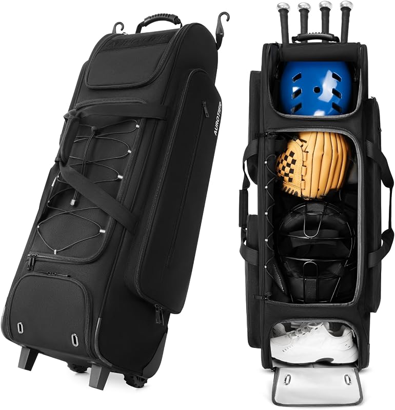 AUROTIER Bolsa grande para equipo de béisbol con ruedas, bolsa de softbol con ruedas para 4 bates con ganchos para valla, compartimento impermeable para zapatos para adultos T-Ball, bolsa de lona para equipo de béisbol