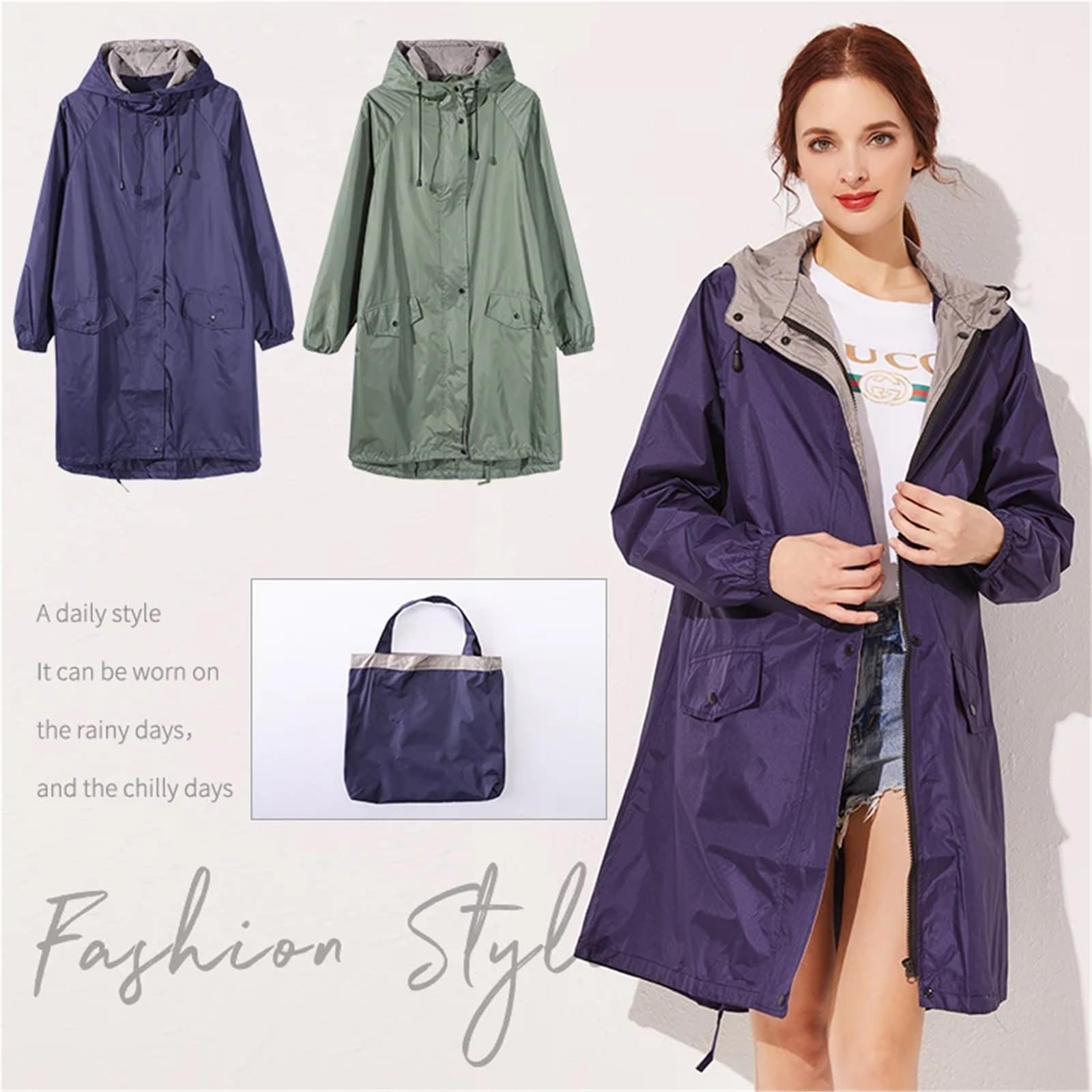 Poncho Lluvia Chaqueta impermeable larga y elegante for mujer con capucha cordón for senderismo viajes