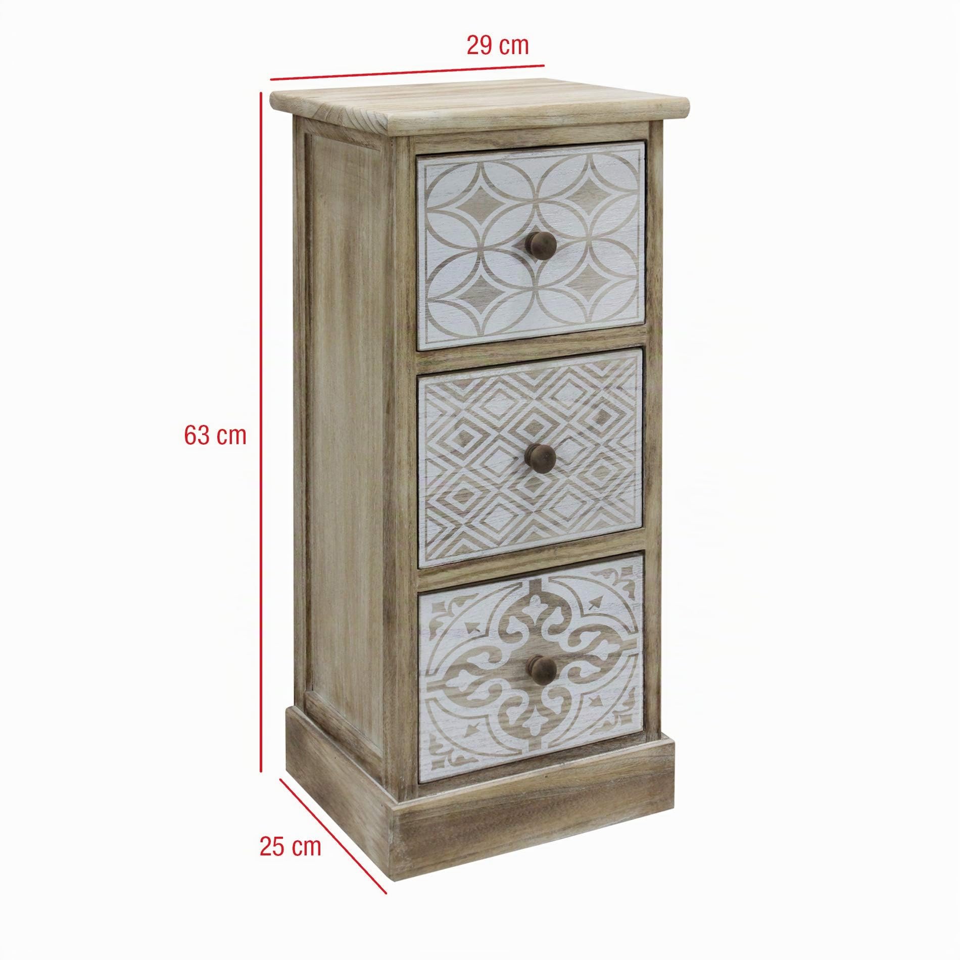 Rebecca Mobili Cómoda con 3 Cajones, Mesita de Noche Estrecha Shabby, Madera Blanca Beige, Recibidor - Medidas: 63 x 29 x 25 cm (AxANxFON) - Art. RE6535