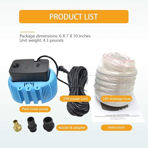 Miniatura 7 de Bomba de cubierta de piscina Bombas de sumidero sobre el suelo Bomba de agua 850GPH Eliminación de agua con 3 adaptadores Manguera de drenaje de 16