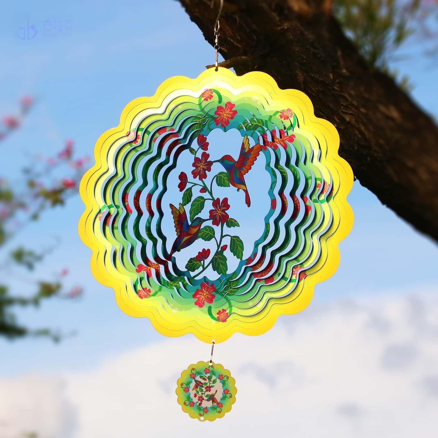 Mandala Wind Spinner 3D Rotating Green Hummingbird Style - Vibrant Color Dynamic Outdoor Garden Decoration Suitable for Weather Resistant Suncatcher in Courtyard Lawn and Courtyard