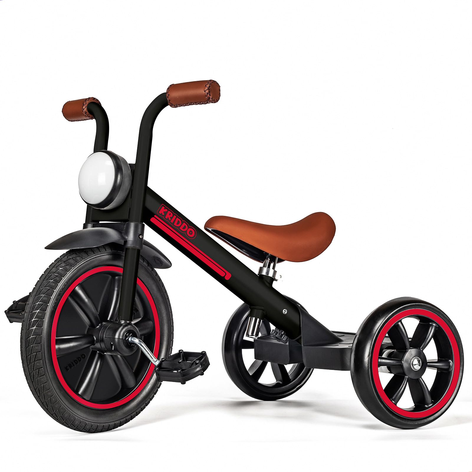 KRIDDO Kids Tricycles Age 2 Years to 5 Years, 12 Inch Puncture Free Rubber Wheel w Front Light, Kids Trike for 2.5 to 5 Year Old, Gift Toddler Tricycles for 2-5 Year Olds, Trikes for Toddlers, Black