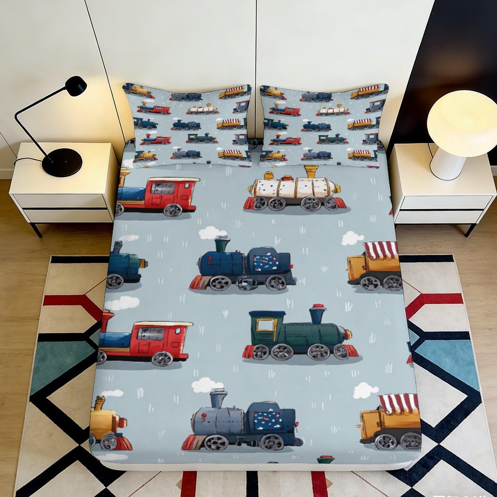 3D Printed Cartoon Train Fitted Sheet Microfiber Soft Breathable Locomotive Bed Cover for Bedroom Guest Room Decor 90x200x25cm