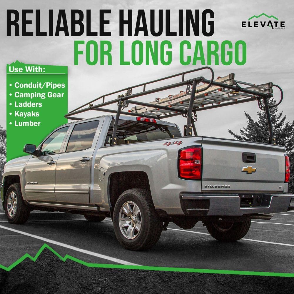 Elevate Outdoor Universal Over-Cab Truck Ladder Rack, 800 lb Capacity, Adjustable 49"–64" Width, Steel Contractor Rack for Pickup Beds, No-Drill Clamp-On Install - Image 4