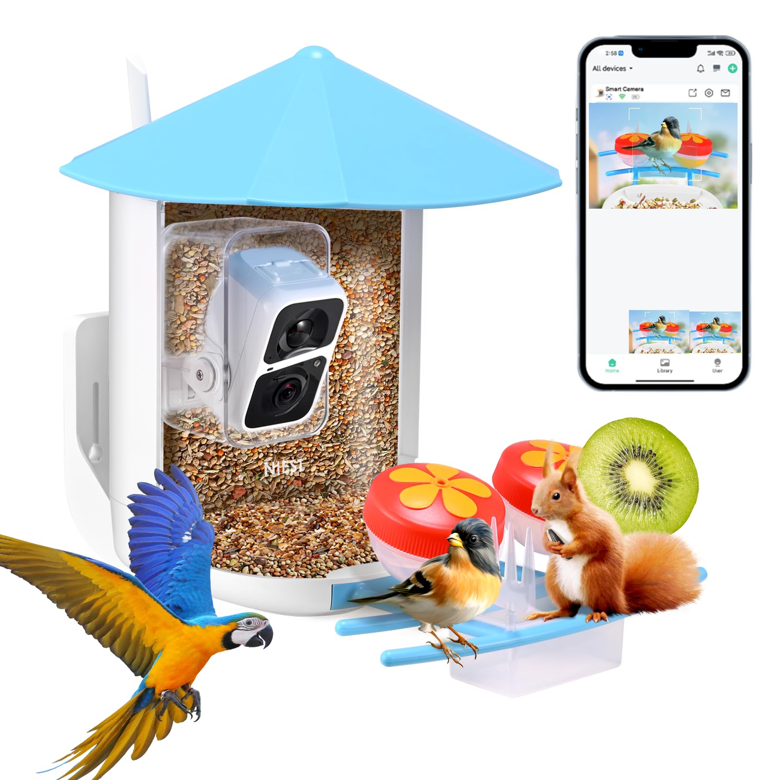 NIEST Comedero para Pájaros Inteligente Exterior con Cámara HD 1080P, Panel Solar, Notificación Automática vía App, Reconocimiento AI de Aves, Impermeable IP65, Ideal para Aves Silvestres
