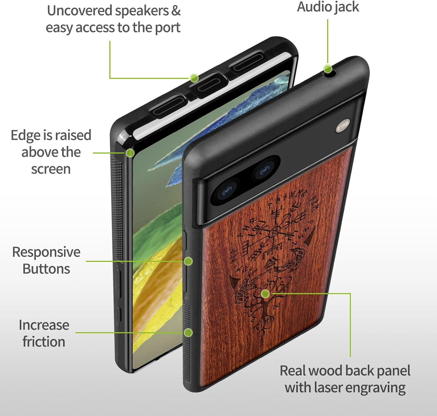 Carveit Wood Case for Pixel 8a Case [Natural Wood & Black Soft TPU] Shockproof Protective Unique Wooden Cover Compatible with Google Pixel 8a (Viking Compass Vegvisir-Rosy)