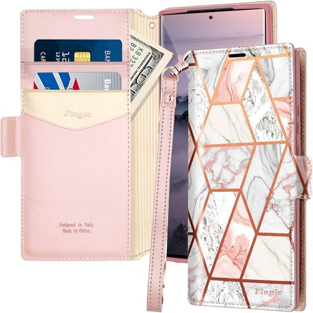 Samsung Note 20 Ultra Case, Fingic Samsung Galaxy Note 20 Ultra Wallet Case Marble Detachable Wrist Strap Card Slot Magnetic Closure Shockproof Protective Flip Cover for Galaxy Note 20 Ultra,Rose Gold