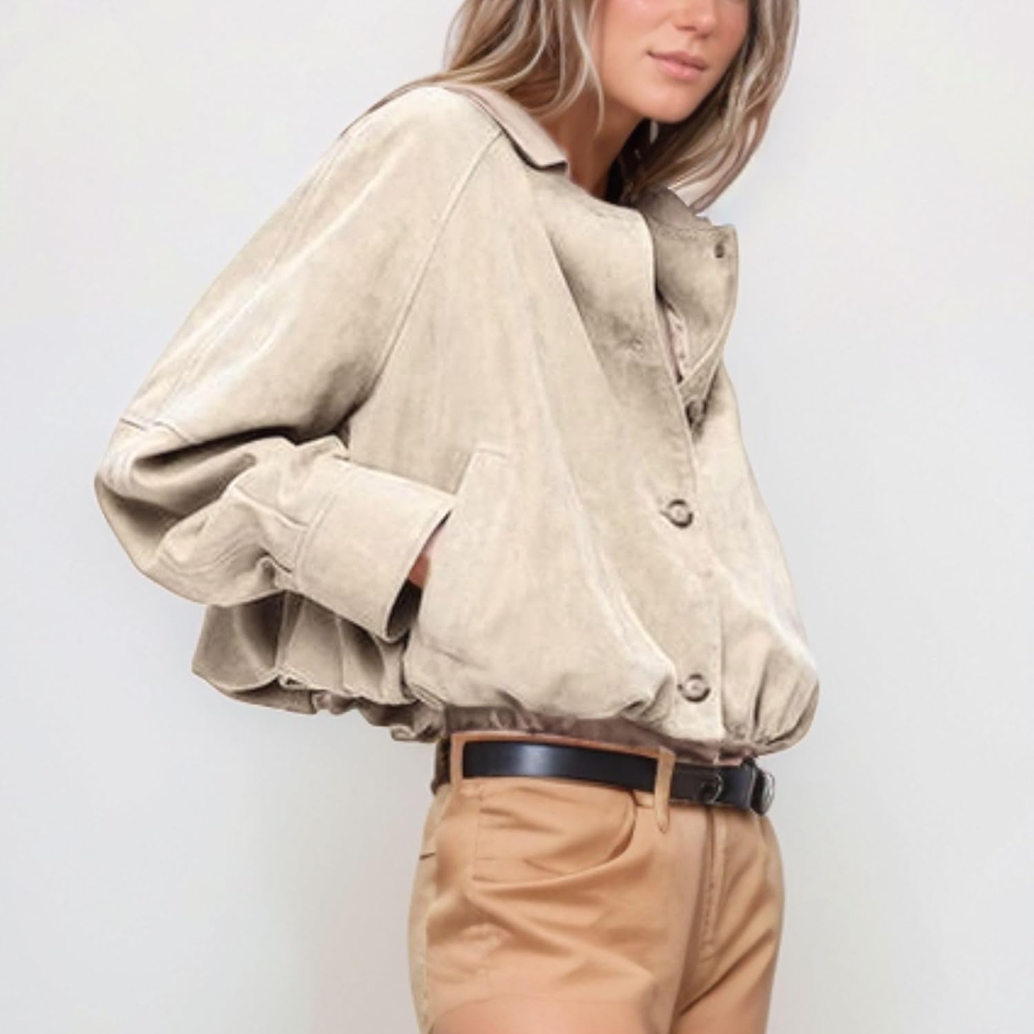 Xunger Women's Faux Suede Button Jacket Oversized Gathered Hem Short Length Coat Casual Vintage Outerwear with Pockets - Image 4