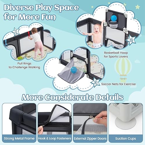 Miniatura 6 de INFANS Corralito para bebés, patio de juegos extra grande de 74 x 62 pulgadas con alfombra para gatear, 50 bolas oceánicas, 4 anillos de píldora,