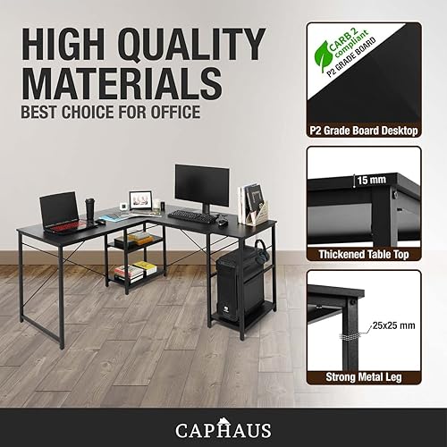 Miniatura 6 de CAPHAUS Escritorio para computadora, escritorio de oficina en casa en forma de L de 59 pulgadas con estantes de almacenamiento de 2 niveles,