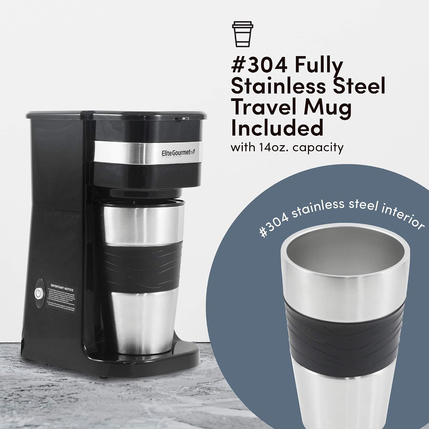 Elite Gourmet EHC111A Personal Single-Serve Compact Coffee Maker Brewer Includes 14Oz. Stainless Steel Interior Thermal Travel Mug, Compatible with Coffee Grounds, Reusable Filter, Stainless Steel